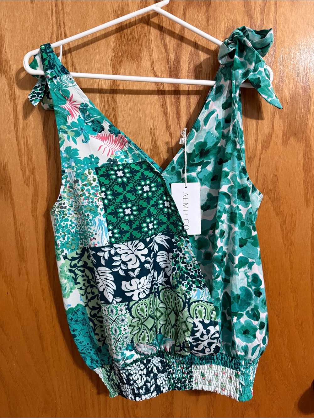 AEMI+CO Green Patchwork Tie-Strap Tank Top